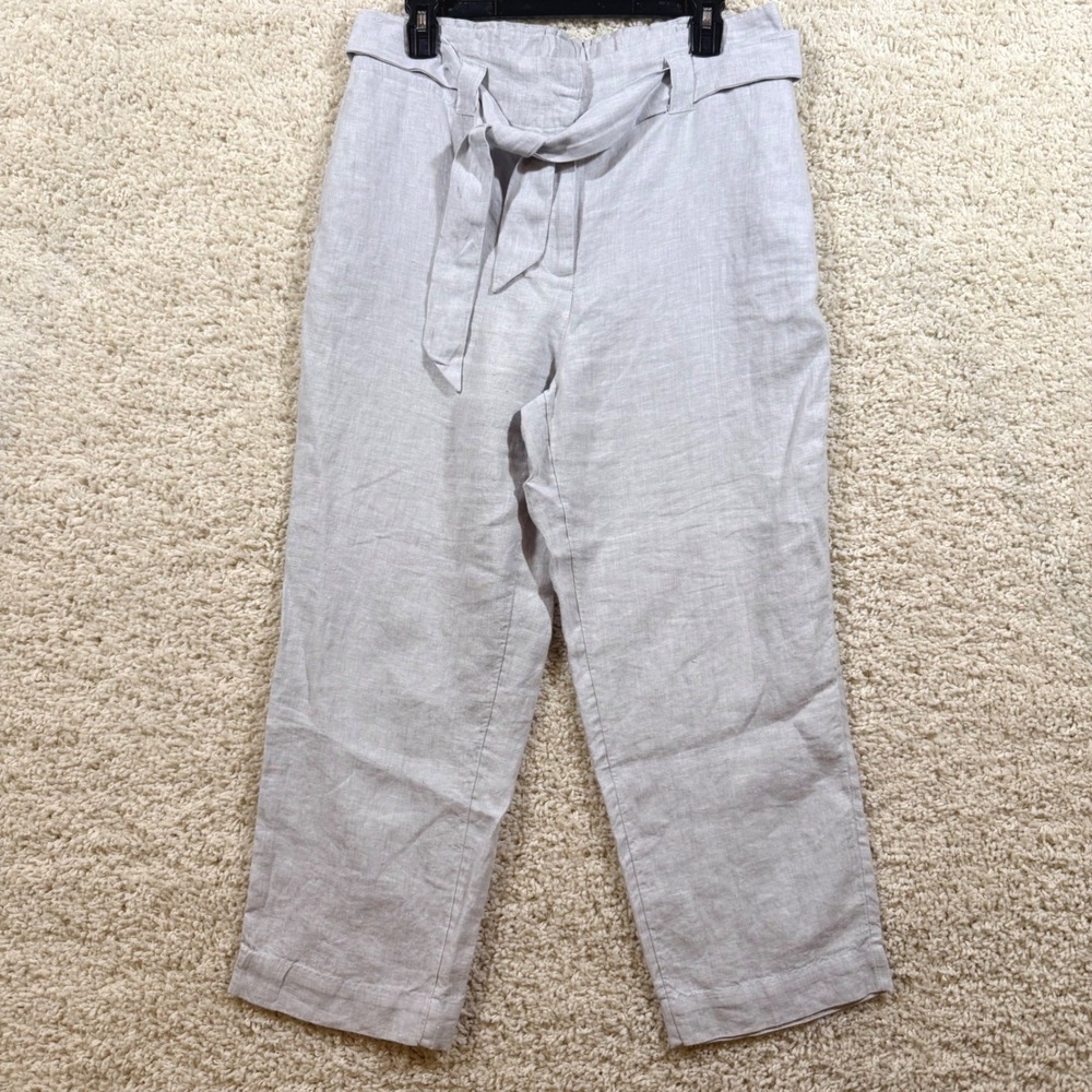 Chicos Linen Light Gray Crop Paperbag Waist Pants 8 Coastal Grandma Neutral